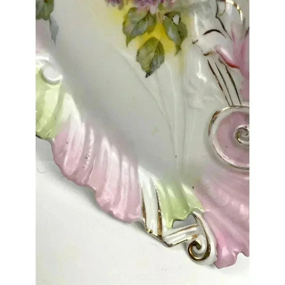 VTG Pink Green Porcelain Celery Dish Cut Out Handles Gold Accent Estate Find - Picture 5 of 14